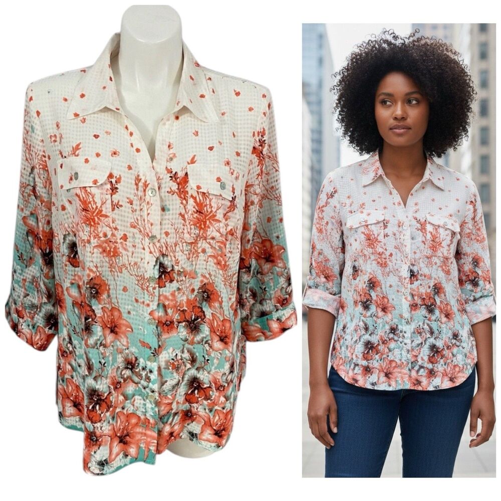 Elementz Top Womens Sz 3X Blouse Floral Button Up  Shirt Work Office Orange
